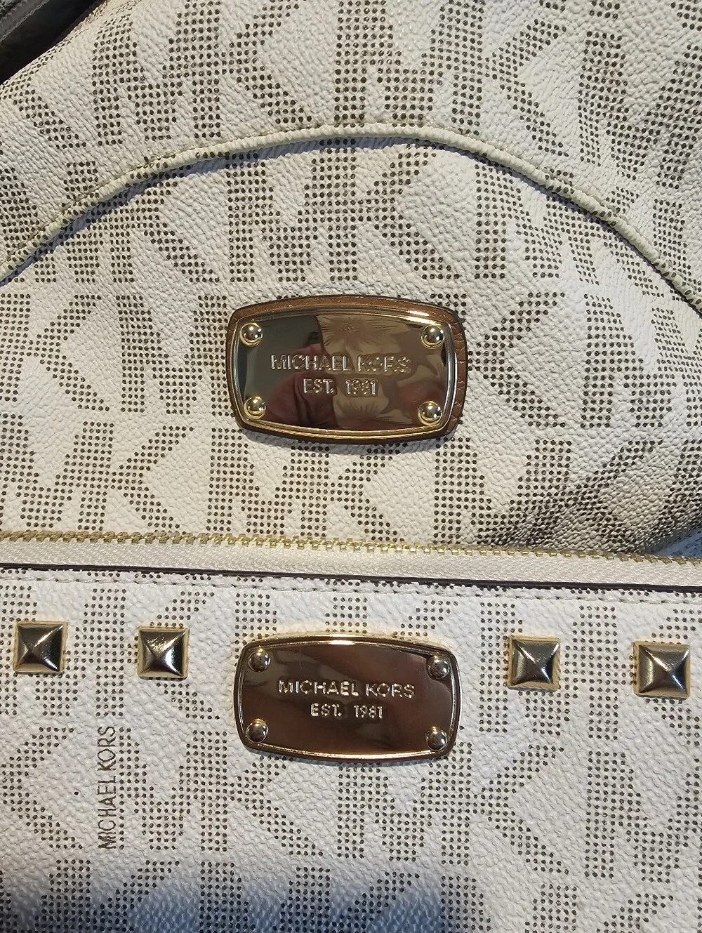Michael Kors Cream MK Large Jet Set Logo Backpack and Wallet with Gold Studs